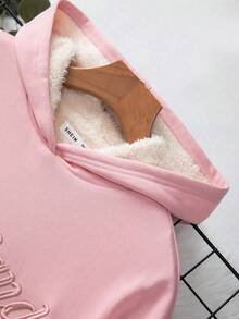 SHEIN 青少年女孩字母刺繡連帽加絨內裏運動衫 - 粉色 - 查看 5