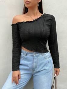 SHEIN EZwear Plus Asymmetrical Neck Lettuce Trim Tee - Black - View 6