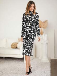 SHEIN Clasi 滿版印花小高領洋裝附腰帶 - 彩色 - 查看 4