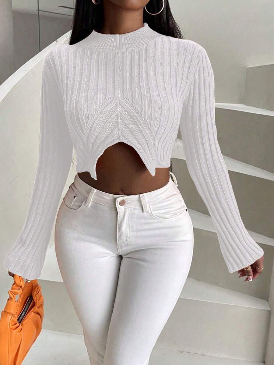 SHEIN Slayr Mock Neck Asymmetrical Hem Crop Sweater - White - View 1