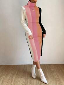 SHEIN Essnce Vestido de punto de color combinado cuello alto - Multicolor - Ver 4