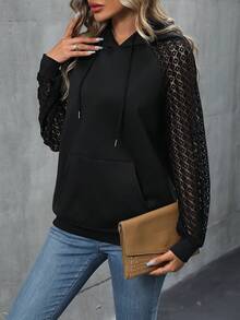 SHEIN LUNE Contrast Lace Raglan Sleeve Drawstring Hoodie - Grey - View 5