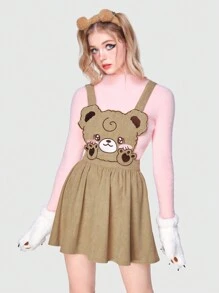 ROMWE Kawaii 女性卡通絨毛小熊刺繡背帶洋裝不附帶T恤