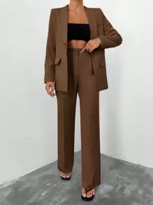 EURMUSE 2 Pieces Solid Color Shawl Collar Women's Suit Suit - Brown - View 6