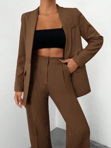 EURMUSE 2 Pieces Solid Color Shawl Collar Women's Suit Suit - Brown - View 4
