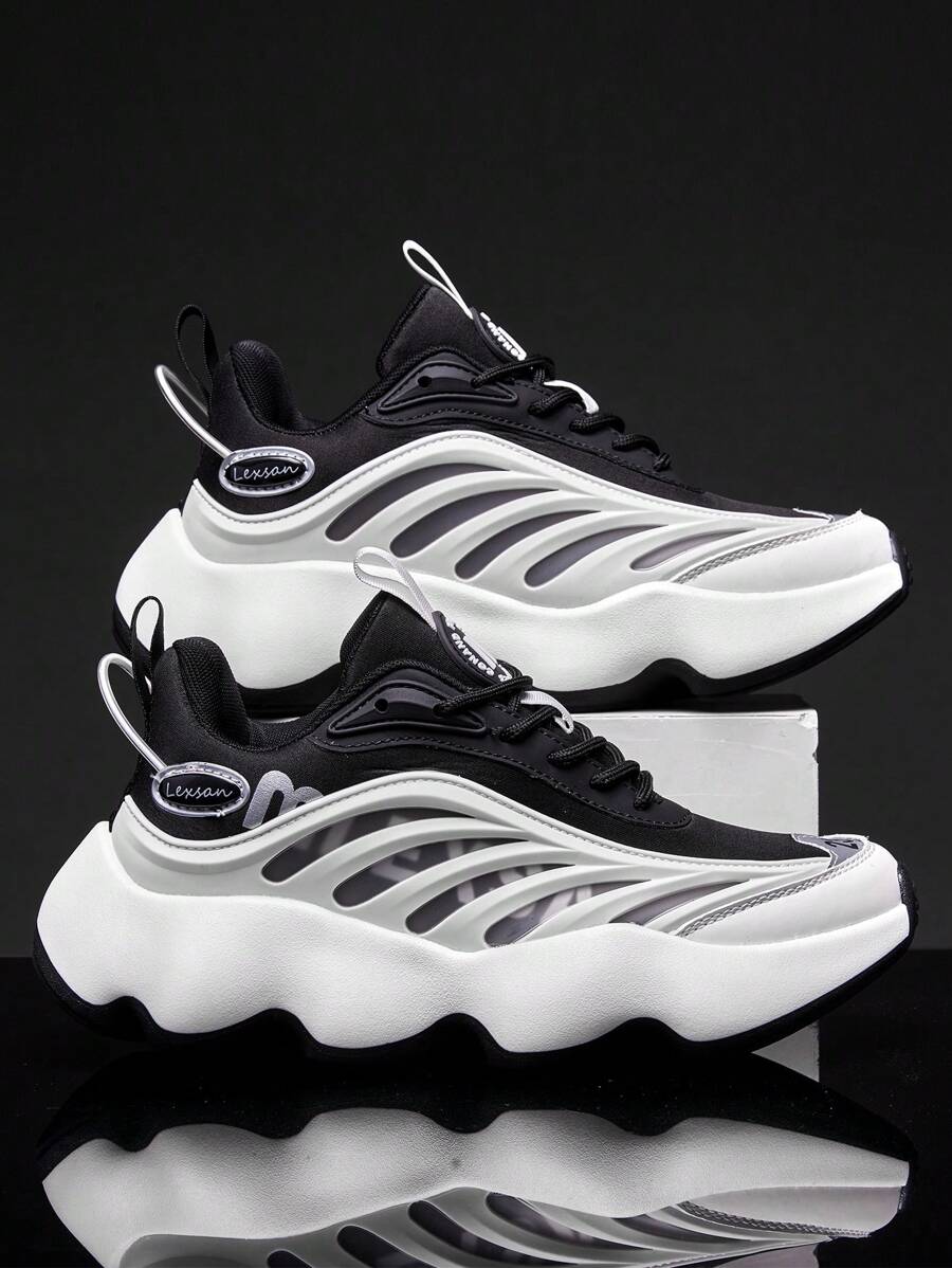 Sportliche klobige Schuhe für Herren, zweifarbige Turnschuhe mit Buchstaben-Patch-Dekor zum Schnüren - Schwarz und Weiss - Übersicht 1