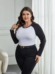 SHEIN Essnce 大碼雙色插肩袖短款T恤 - 黑與白 - 查看 6