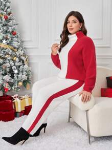 SHEIN Essnce Plus Two Tone Turtleneck Drop Shoulder Sweater & Knit Pants - Red - View 6