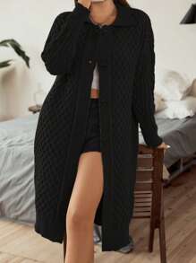 Flirla Plus Drop Shoulder Cable Knit Cardigan - Black - View 4