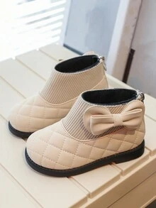 冬季兒童保暖靴,新款扁平蝴蝶結女童靴,柔軟底部,暖和毛絨內裡,pu皮革嬰兒靴,女童短筒靴
