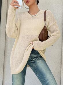 SHEIN Unity 落肩罗纹针织套头衫，适合秋冬季穿着 - 杏色 - 查看 4