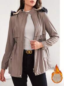 SHEIN Cottnline Drawstring Waist Fuzzy Trim Hooded Parka Coat - Mocha Brown - View 1