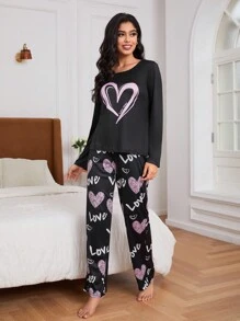 2pcs Heart Printed Women's Casual Pajama Set, Fall Clothes - Black - View 6