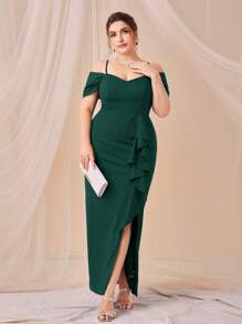 SHEIN Belle Plus Cold Shoulder Ruffle Trim Split Thigh Dress, Elegant Formal Evening Prom Wedding Guest Gown, For Graduation, Dinner Party Dress - Dark Green - View 2