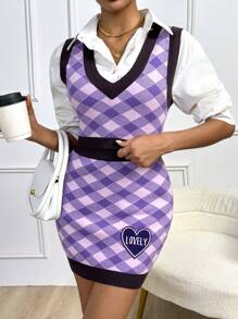 SHEIN Clasi 1 pieza Chaleco de punto con patrón de cuadros & 1 pieza Falda de punto con parche de letra ajustada - Morado - Ver 4