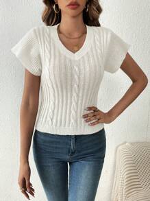 SHEIN LUNE Solid V Neck Cable Knit Top - White - View 5