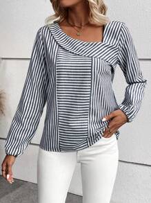 SHEIN LUNE Blusa con estampado de rayas de cuello asimétrico - Azul y blanco - Ver 6