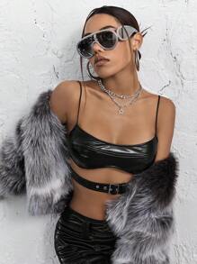 SHEIN ICON Solid PU Cami Top - Black - View 5