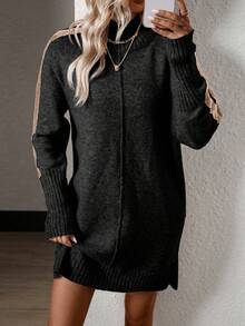 SHEIN LUNE Vestido de punto con costura lateral en contraste de manga raglán - Negro - Ver 6