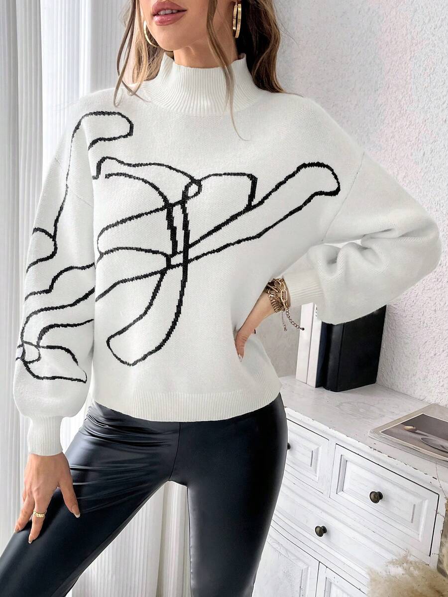 SHEIN Essnce Mẫu đồ họa Cổ giả Thả vai Áo len - Màu be - Xem 1