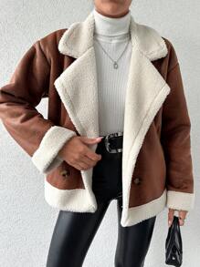 EURMUSE Manteau Pour Femmes En Peluche À Double Boutonnage Avec Patchwork Et Col À Revers - Marron - Voir 3