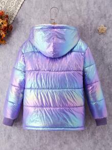 SHEIN Tween Girl Holographic Zip Up Hooded Fleece Coat - Mauve Purple - View 2
