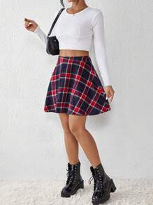 SHEIN Unity Plaid Print Flare Hem Skirt - Multicolor - View 5