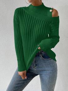 Chiquease Cổ giả Cắt bỏ vai Chi tiết Nút Áo len - xanh quân đội - Xem 3