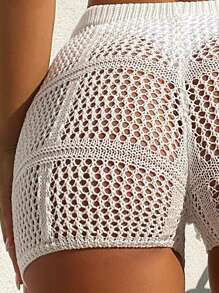 SHEIN Swim Summer Beach Women's Tie-Front Crocheted Cover-Up Top And Shorts - White - View 4