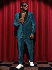 GENTILAND Men Plus Shawl Collar Glitter Blazer & Pants - Green - View 3