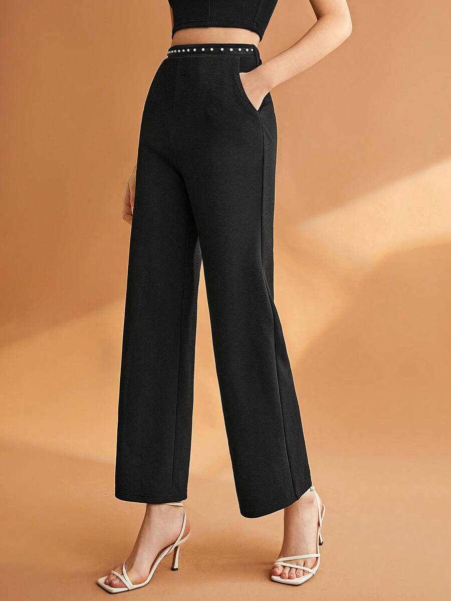 BizChic 珍珠串珠斜口袋西裝褲 - 黑色 - 查看 1