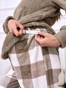 Maternity Buffalo Plaid Adjustable Waist Flannel PJ Set - Brown - View 4