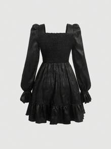 SHEIN MOD Dệt hoa Cổ vuông tay áo lá sen Xù Hoa Sen Đầm - màu đen - Xem 2