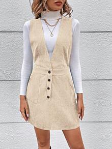 SHEIN LUNE 前紐扣燈芯絨背帶洋裝無毛衣 - 卡其色 - 查看 6