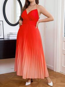 Celure 大碼漸層百褶下擺吊帶洋裝 - 橘色 - 查看 6