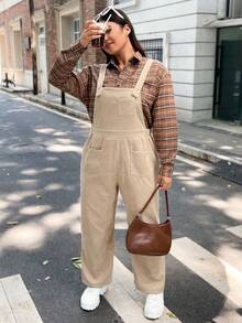 Flirla Plus Solid Patch Pocket Cord Overall Jumpsuit Without Shirt - Khaki - View 2