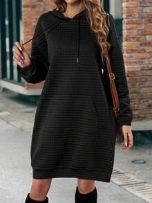 SHEIN LUNE Vestido con capucha con bolsillo de canguro de hombros caídos con cordón - Negro - Ver 4