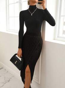 EMERY ROSE Solid Cable Knit Wrap Skirt - Black - View 3