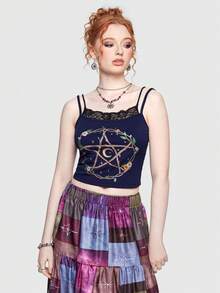 ROMWE Hippie Top de tirantes con estampado de luna y estrella con encaje en contraste - Azul Marino - Ver 6