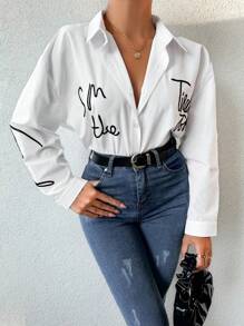 RueChic Plus Embroidery Letter Pattern Drop Shoulder Shirt - White - View 1