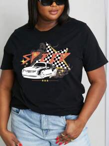 SHEIN EZwear 大碼車和棋盤格印花T恤 - 黑色 - 查看 1