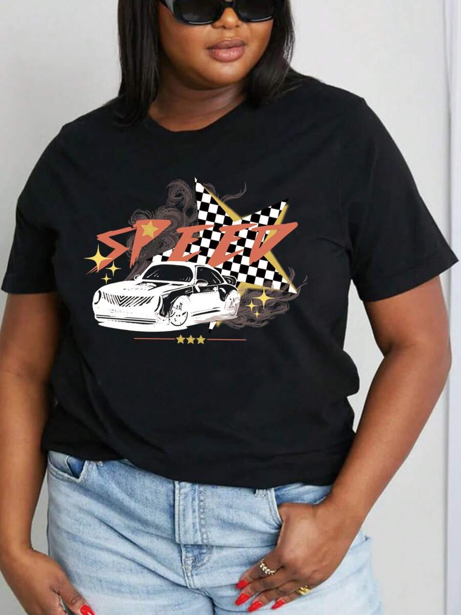 SHEIN EZwear 大碼車和棋盤格印花T恤 - 黑色 - 查看 1