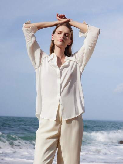  Goelia純色紐扣式收緊袖女士白襯衫