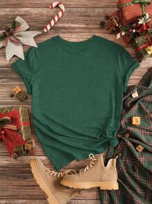 INAWLY 圣诞印花 T 恤 图案 T 恤 女式上衣 - 墨綠色 - 查看 2