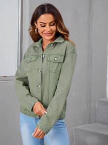 SHEIN LUNE Flap Pocket Drop Shoulder Denim Jacket - Olive Green - View 6