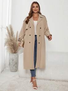 SHEIN Clasi Talla grande Gabardina de doble botonadura - Camel - Ver 5