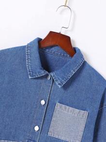 Tween Girl Colorblock Patched Pocket Drop Shoulder Denim Shirt Without Tee - Dark Wash - View 6