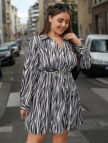SHEIN Clasi Plus Zebra Striped Print Belted Shirt Dress - Black and White - View 6