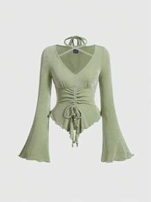 SHEIN MOD 前抽繩喇叭袖木耳邊前交叉後綁帶T恤 - 軍綠色 - 查看 1