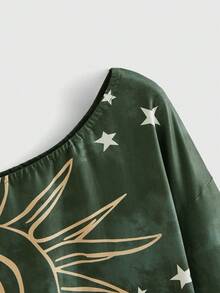 ROMWE Hippie 太陽&星星印花紮染不對稱領T恤 - 軍綠色 - 查看 4